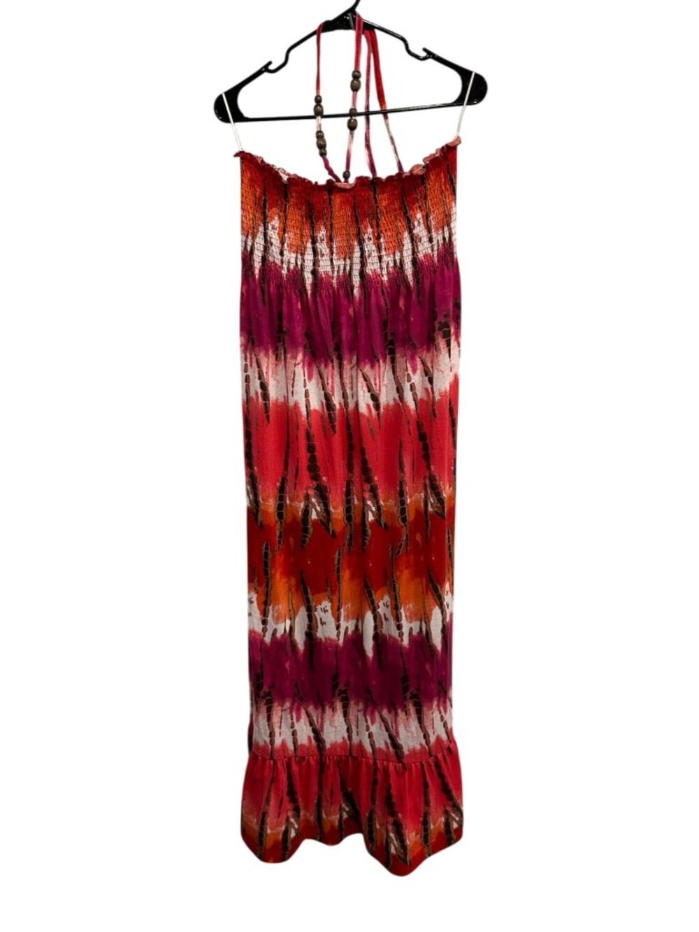 No Boundaries XL Red Orange Pink Tie-Dye Maxi Dress Beaded Halter Boho Festival